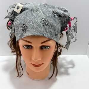 Gray Embellished Bandana Headscarf with Beaded Ties